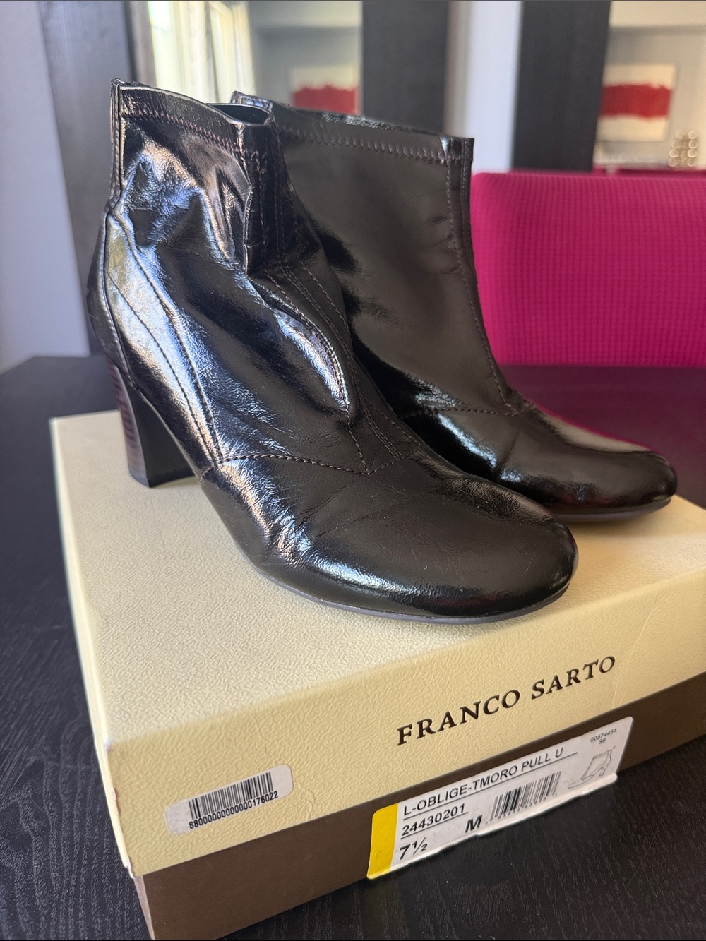 Franco Sarto Black Patent Leather Ankle Booties (Size 7.5M)